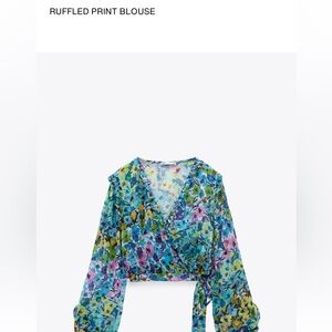 Zara - Cropped Blue and Green Floral Wrap Blouse - Size M